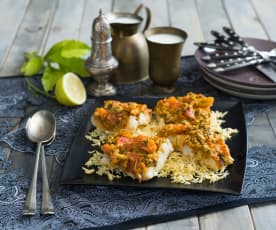 Steamed white fish with tomato and Indian spices