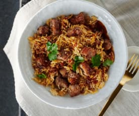 Asiatische Reispfanne mit Sous-vide gegartem Schweinebauch
