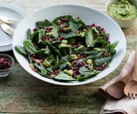 Spinach salad with crunchy quinoa and green goddess dressing