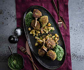 Parmesan-crusted lamb cutlets, creamed spinach and smashed spuds