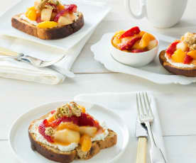 Mixed fruit compote with goat's cheese and granola on toast