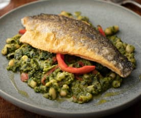 Sea Bass with Cavolo Nero, Cannellini Beans and Red Pepper