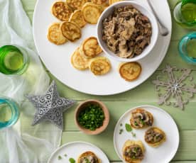 Mini chive pikelets with mushrooms