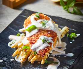 Pollo con costra de parmesano y crema de limón 