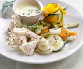 Creamy vegetable soup, steamed chicken with vegetable tagliatelle and mustard sauce