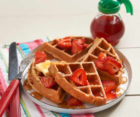 Peanut Butter Waffles with Jammy Maple Syrup