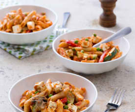 Tomato pasta with vegetables and feta