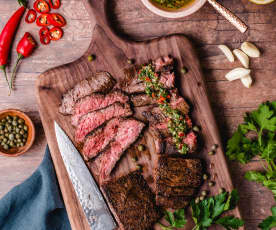 Coffee Rubbed Skirt Steak with Caper Salsa