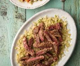 Seared Sesame Steaks with Ginger Chopped Salad and Lime Couscous