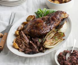 Slow roasted lamb shoulder and fennel with agrodolce dressing