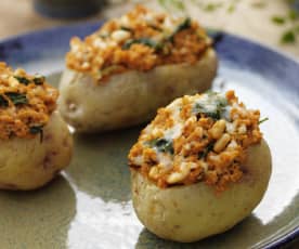 Potatoes Stuffed with Soya Mince, Spinach and Pine Nuts