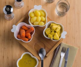 Crema di verdure, pollo con salsa supreme e carote novelle (per 2 persone)