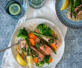 Pesto-topped salmon with quinoa and steamed veg