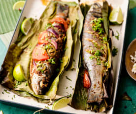 Yucatán-style Sea Bass Baked in Banana Leaves with Sweetcorn Rice