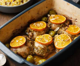 Orange-roasted Chicken Thighs with Green Olives and Basmati Rice
