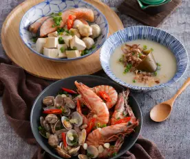 和風鍋-手工魚丸鮭魚加豆腐+清蒜明蝦蛤蜊+味噌柴魚昆布粥