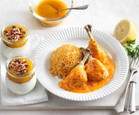 Kurczak w sosie paprykowym z ryżem; Twarożek z morelami