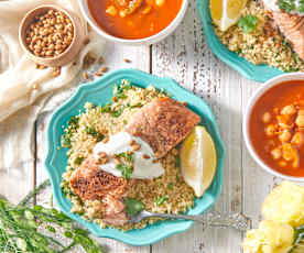 Moroccan Salmon with Lemony Couscous and Vegetable Soup