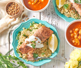 Moroccan Salmon with Lemony Couscous and Vegetable Soup