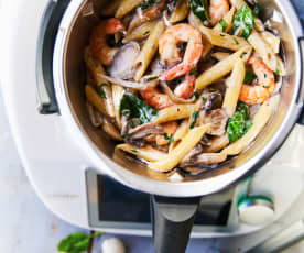 One pot pasta crevettes, épinards et champignons