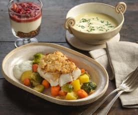 Riesling-Suppe, Kabeljau mit Käse-Kruste, Gemüse und Sauce; Lebkuchen-Schichtdessert