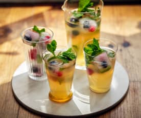 Iced Tea with a Honey and Mint Syrup and Fruit Ice Cubes