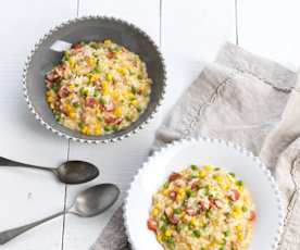 Risoto de linguiça e ervilhas