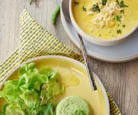 Chicken corn chowder with broccoli terrines
