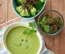 Lamb’s lettuce cream soup, Broccoli with olive sauce