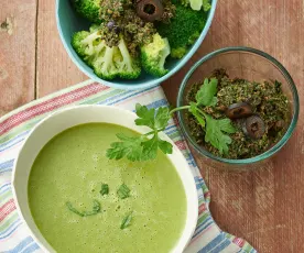 Polníčková krémová polévka a brokolice s olivovou omáčkou