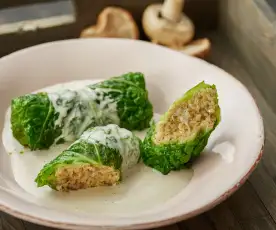 Millet-stuffed cabbage rolls with mushroom sauce
