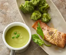 Pea and Ginger Soup, Lemon Salmon with Broccoli