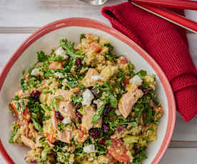 Salmon, quinoa, feta and mixed vegetable salad