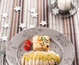 Peitos de frango com espumante e legumes gratinados