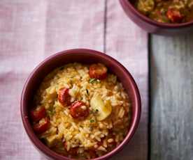 Risoto de cerveja, linguiça e cogumelos