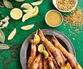 Espetadas de camarão e limão com molho de mostarda