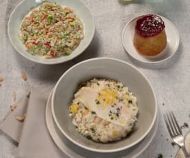 Menü: Rohkostsalat, Forelle mit Zitronenrisotto und Marmeladeküchlein
