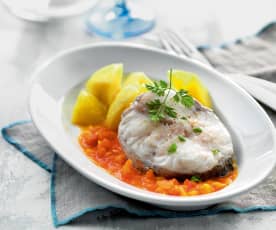Fish and potatoes with tomato sauce