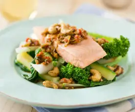 Salmon with Ginger Sauce and Spiced Cashews