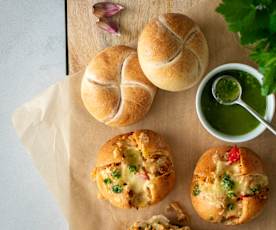 Kaiser rolls filled with cheesy chicken filling