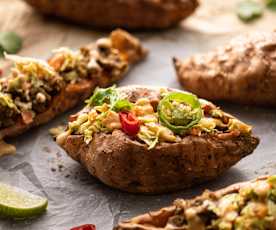 Stuffed Sweet Potatoes with Banana Sriracha Mayo and Coleslaw