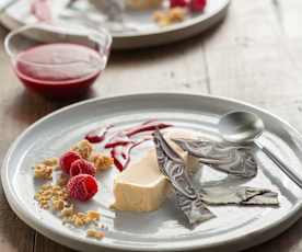 Peanut butter parfait, chocolate bark and raspberries