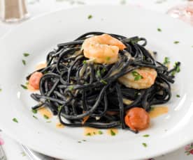 Zwarte spaghetti met garnalen