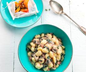 Gnocchi with Sausages and Steamed Spinach, Apricots with Honey and Walnuts