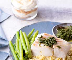 Menu: Peixe com feijão-verde, arroz pilau e mousse de limão e manjericão
