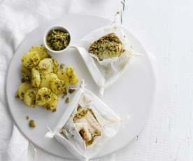 Lombos de red fish com azeite, alho e coentros