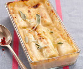 Puerros gratinados con bechamel de soja