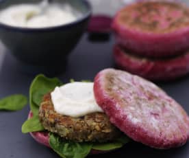Lentil Burgers with Beetroot Rolls and Vegan Mayonnaise