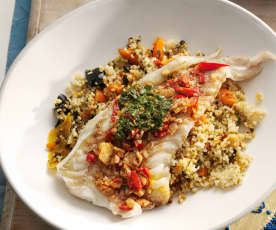 Marinated white fish fillets with chermoula sauce and couscous salad