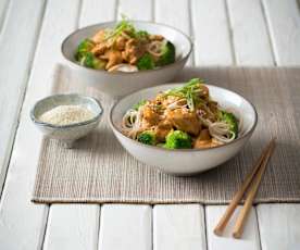 Orange sesame chicken with broccoli and noodles